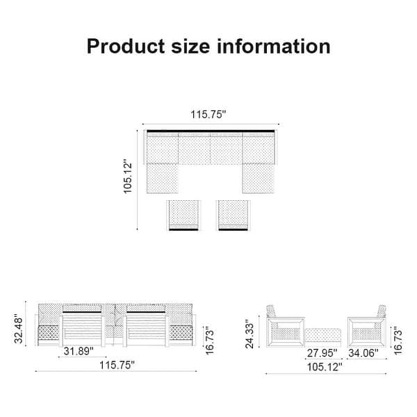 dimension image slide 1 of 32, PURPLE LEAF Caesar Outdoor Couch with 9.6" Thick Cushion and Table for Yard Porch Deck, Grey Outdoor Patio Conversation Sets