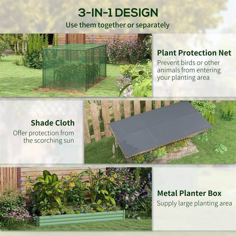 Green Galvanized Steel Raised Garden Bed with Crop Cage and Shade - Green-Black