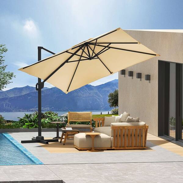 beige offset patio umbrella Kingdura 11' X 11' Cantilever with Double Top Vent, Large Square Aluminum Outdoor Umbrella with 360-degree Rotation, Infinite Tilt, UV Protection for Pool Deck Garden Patio (Beige) ( boosting wind resistance for a more reliable outdoor experience VOUA 10-ft Steel Beige Crank