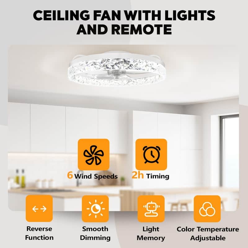 20 in. LED Indoor Black Crystal Flush Mount Ceiling Fan with Light Dimmable for Low Profile Kids Room