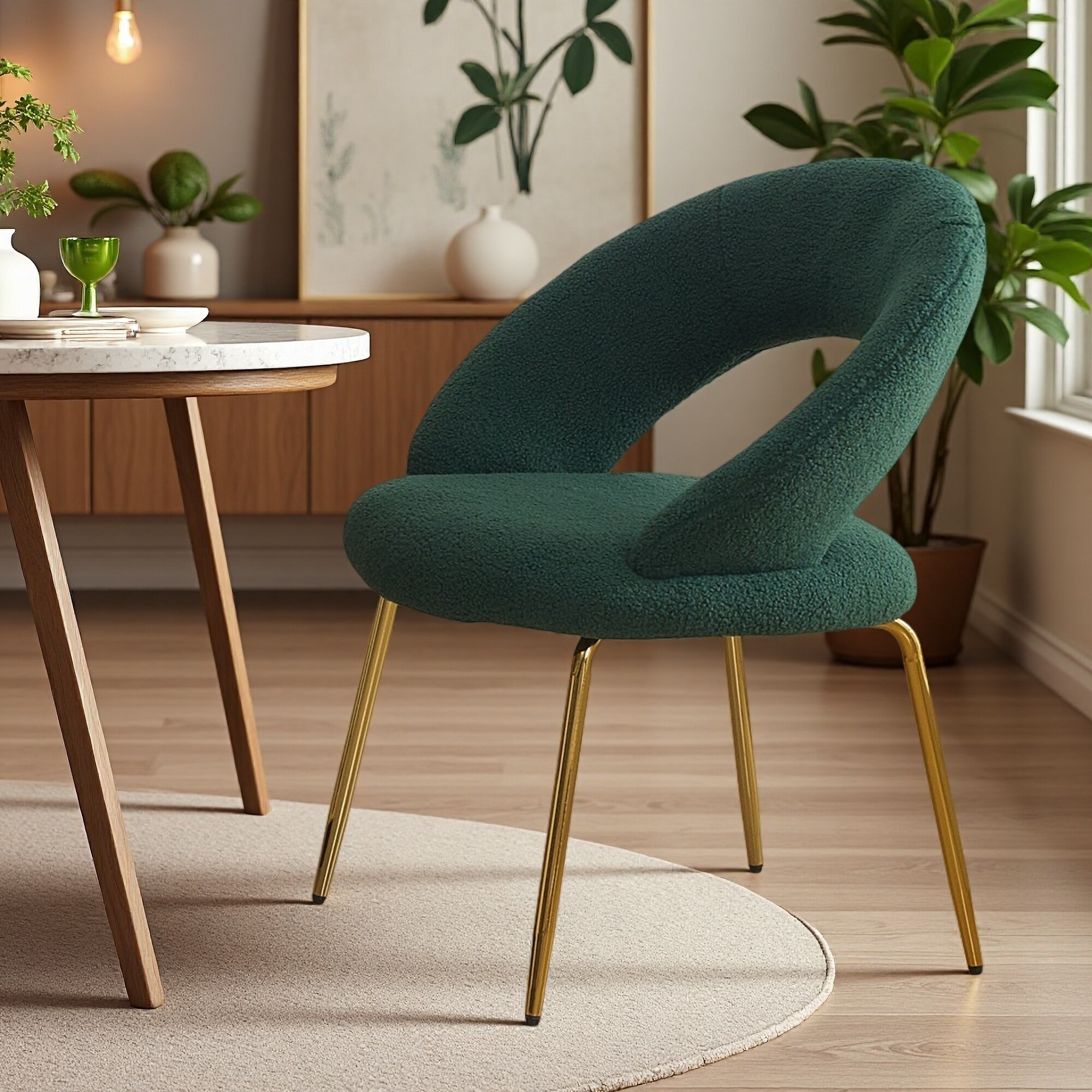 31.89" Teddy Fabric Dining Chair with Ergonomic Curved Backrest and Golden Metal Legs - Adjustable Feet, Foam Filled