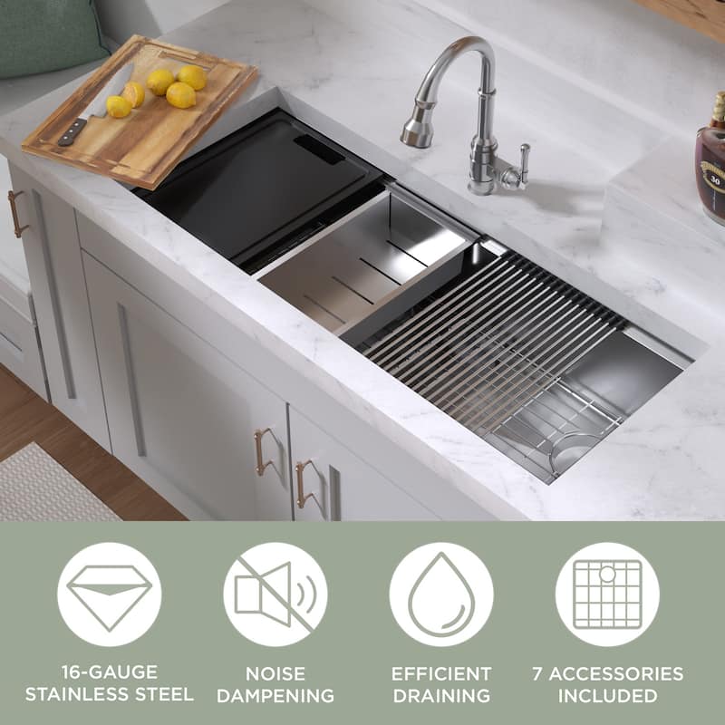 Whitehaus Undermount Single Bowl 16 Gauge Brushed Stainless Steel Workstation Sink With Accessories