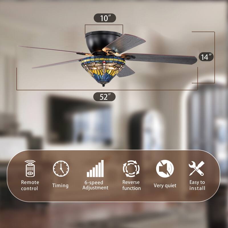 Penana 52-Inch Flushmount Lighted Ceiling Fan Green Blue Dragonfly Tiffany Glass Lamp Black Finish