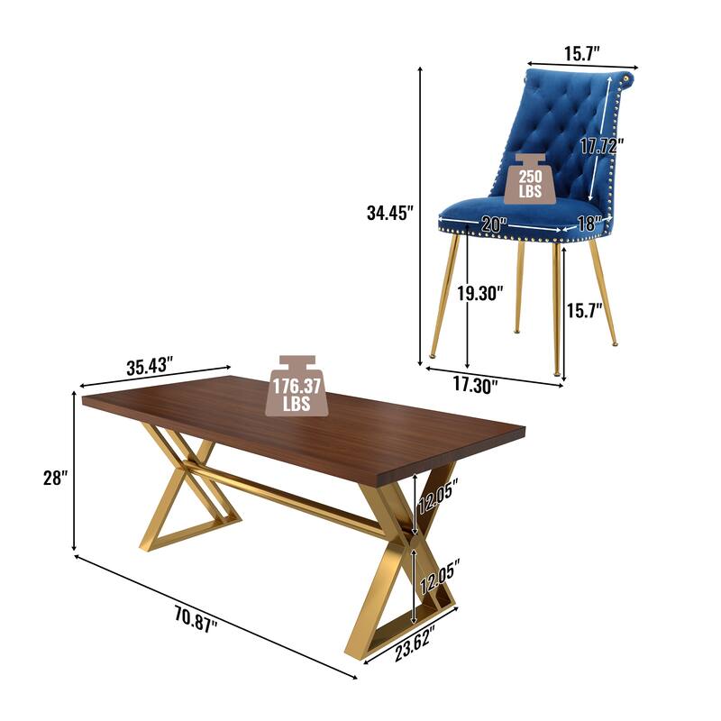 7-Piece Clihome Walut Wood Dining Table with Velvet Chair Dining Chair
