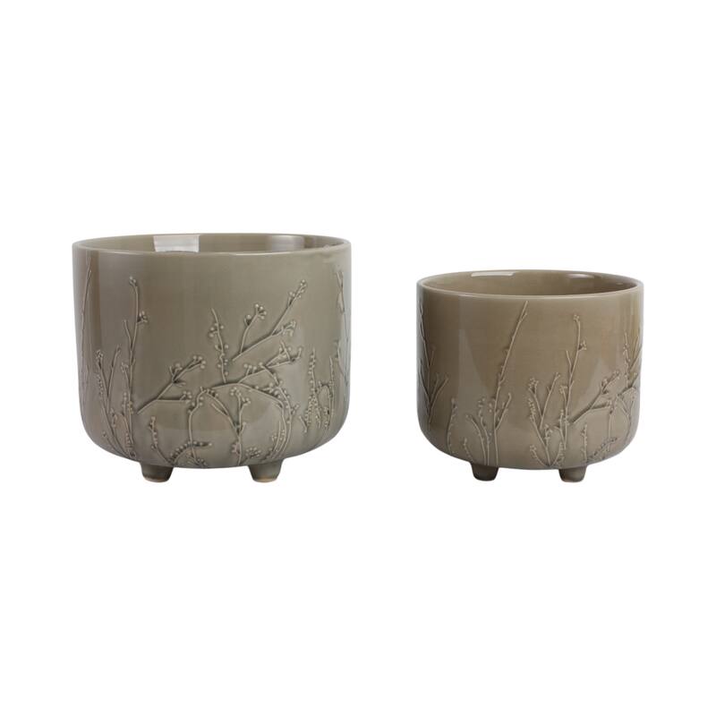 Ceramic Stoneware Planter with Raised Botanical Texture Footed Base - 11" x 11" x 9"