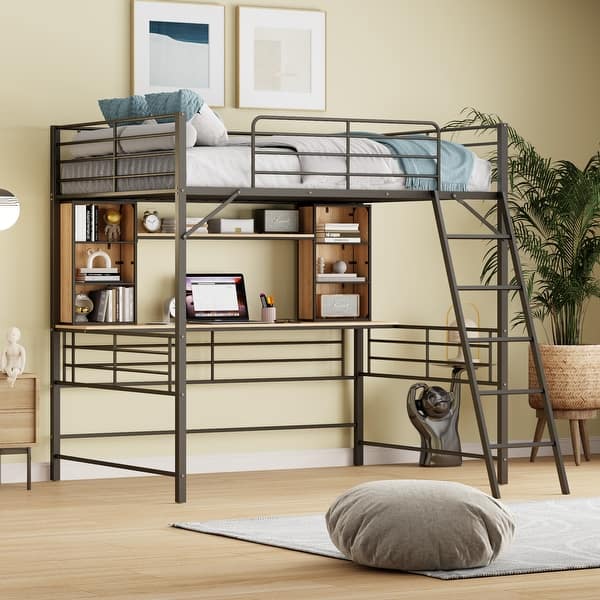 slide 2 of 11, Black Full Size Metal Loft Bed with Desk, Shelf, and Ladder Full - Black