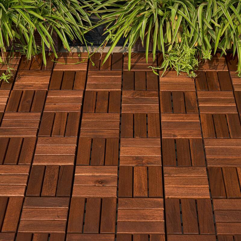 12" x 12" Square Brown Acacia Hardwood Outdoor Flooring for Patio Bancony Pool Side Interlocking Deck Tiles