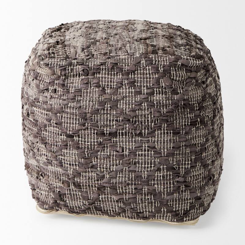Mercana "Falguni" Grey Patterned Leather & Cotton Square Pouf