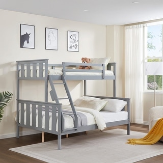 Full over Full Wooden Bunk Bed,High Guardrail,Ladder,No Box Spring