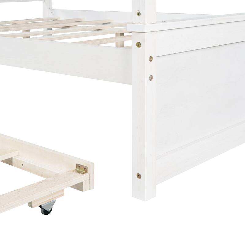 Modern Full Canopy Bed with Trundle, Solid Wood Frame, and Customizable Curtain Rails