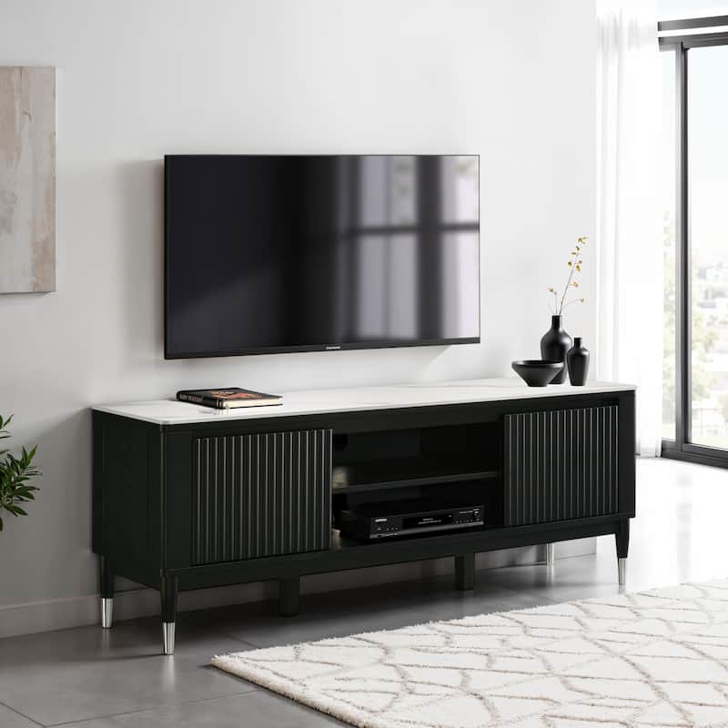 Furniture of America Kalor Modern 71-inch Black and White Sintered Stone Top TV Stand with 6 Shelves - Black and White