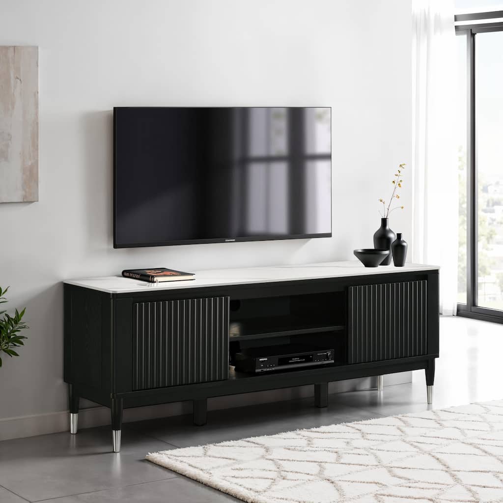 Furniture of America Kalor Modern 71-inch Black and White Sintered Stone Top TV Stand with 6 Shelves