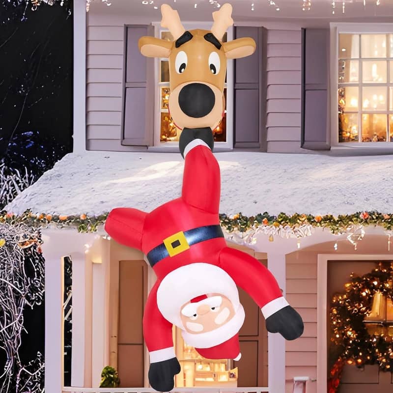 6 FT Tall Christmas Inflatable Falling Santa with Reindeer Broke Out from Window, Blow Up with Build-in LED - Multicolor