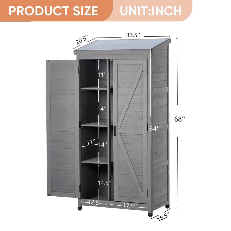 Farmhouse Vertical Storage Shed, Cedar Wood Tool Cabinet with Sloped Metal Roof, Adjustable Shelves - 33.5"L x 18.5"W x 68"H
