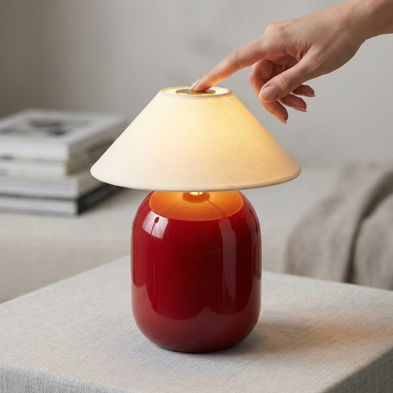 Ren LED 7.87 in Glossy Red Midcentury Modern Urn Dimmable Cordless Portable Rechargeable Bedside Nightstand Desk Lamp