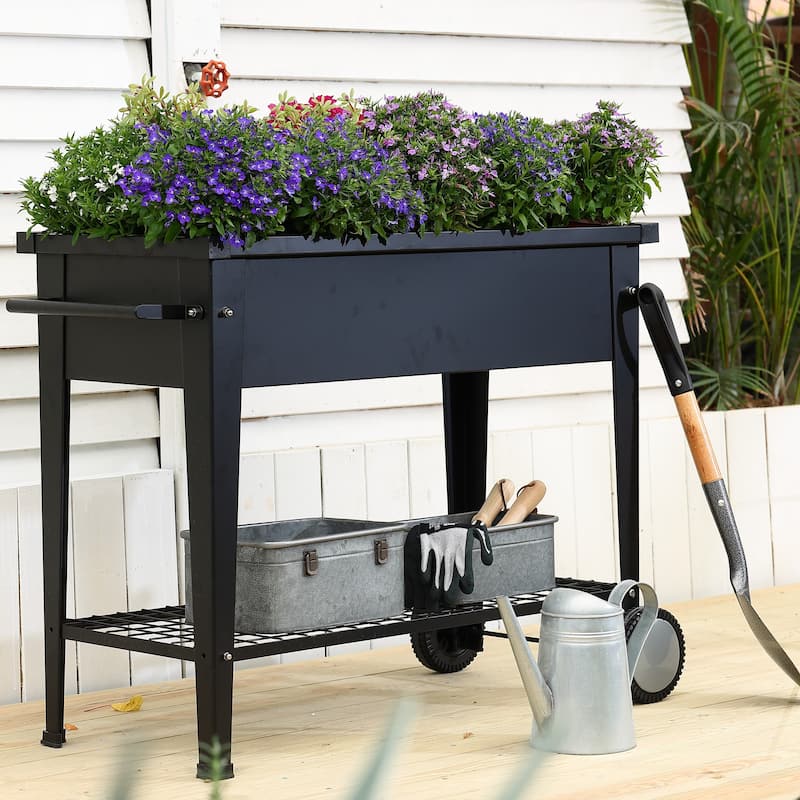 Black Mobile Metal Raised Garden Bed Planter Cart with Wheels