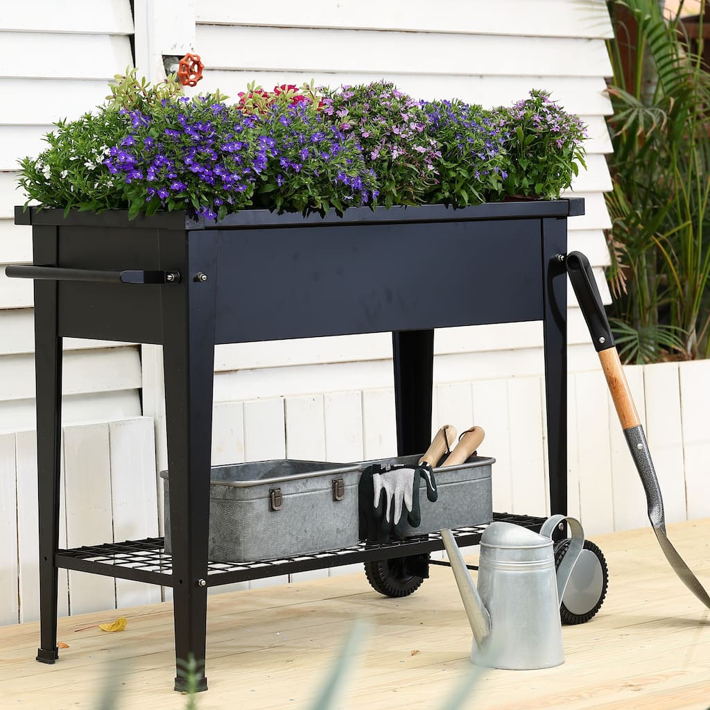 Black Mobile Metal Raised Garden Bed Planter Cart with Wheels