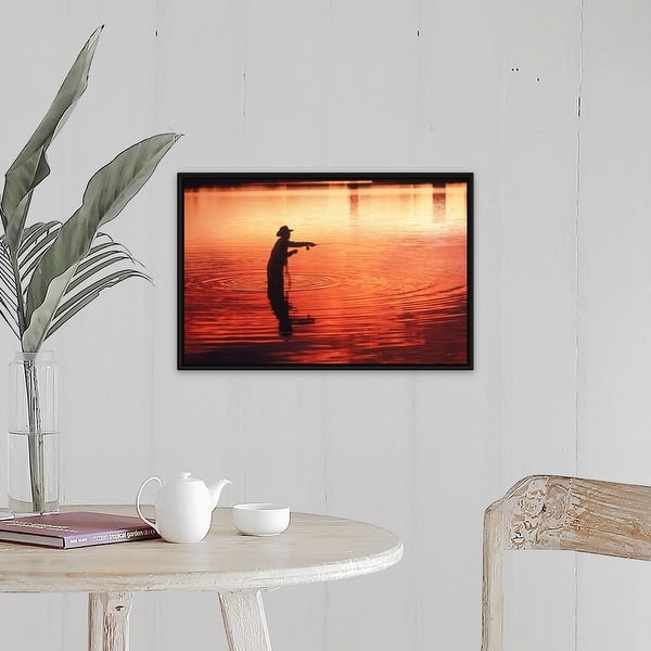 Fly fishing at sunrise (silhouette) Black Float Frame Canvas Art - Bed  Bath & Beyond - 25518300