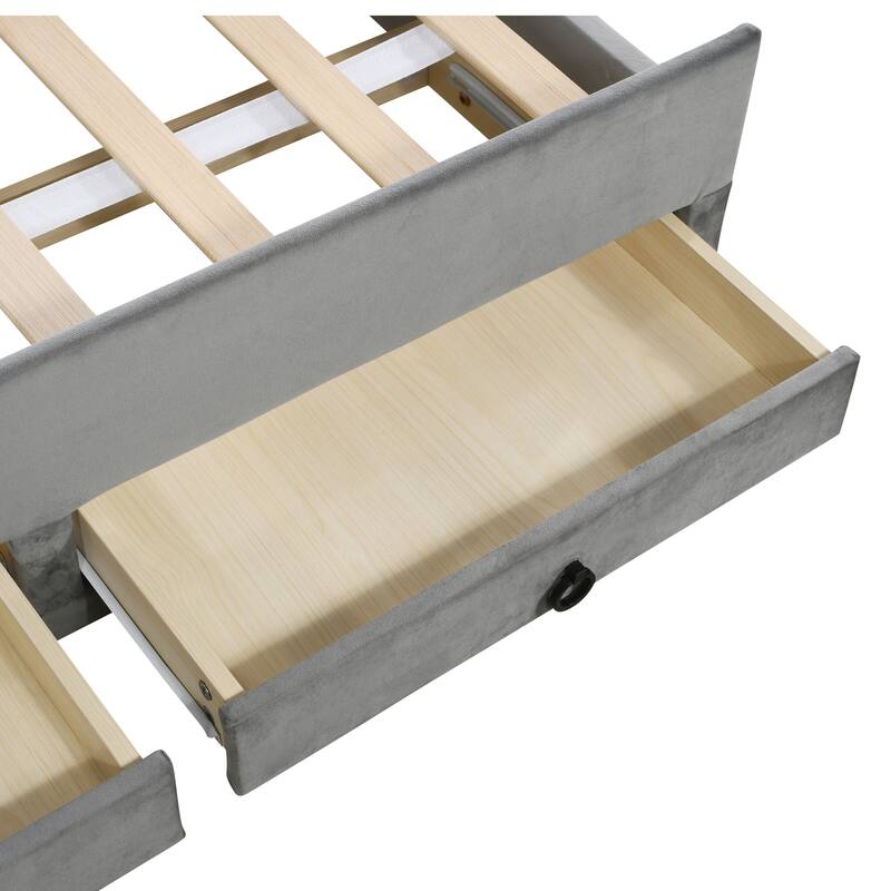 Full Size Upholstered Platform Bed with Rabbit Headboard, Trundle, and Three Drawers