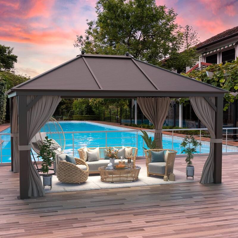 Pro Series Outdoor Hardtop Gazebo Pergola | Galvanized Steel Roof & Aluminum Frame | Includes Premium Curtains & Netting