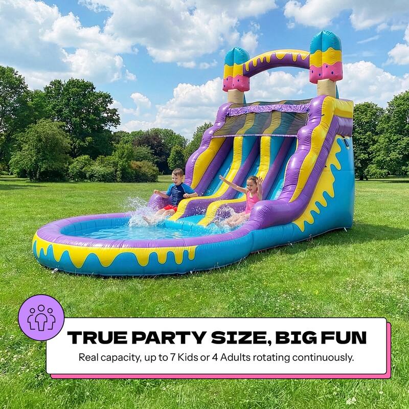 POP JUMP Ice Pop 24' Dual Lane Center Climb Waterslide with Attached Pool - Blue - 16' x 12' x 24'