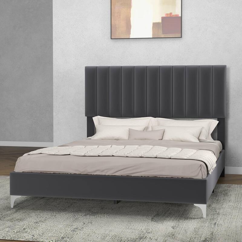Modern Velvet Platform Bed Frame with Adjustable Headboard