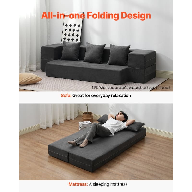 Dark Grey Twin Foam Fabric Foldable Sofa Bed with Pillows and Backrest - 40.55” L x 75.98” W x 8.86” H