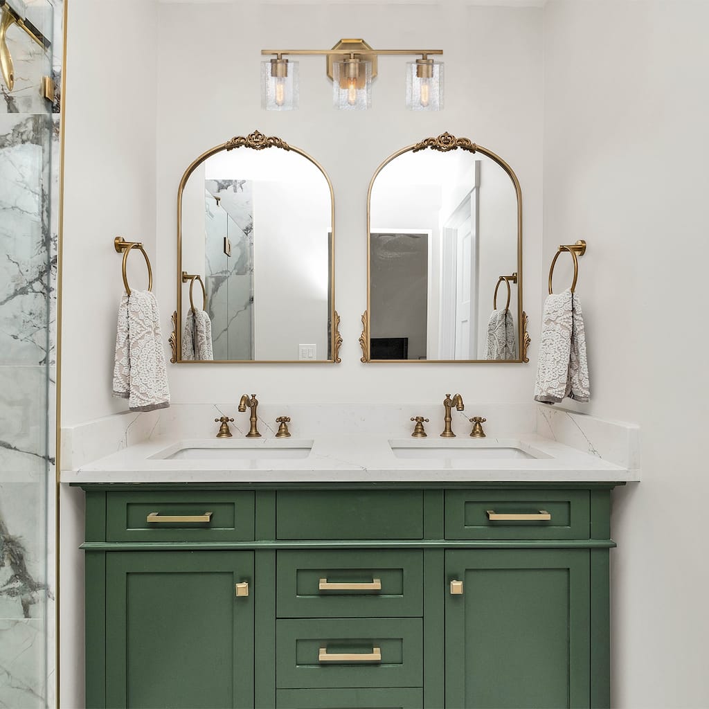 Haven 24 in. 3-Light Old Satin Brass Vanity Light with Clear Rippled Glass Shades for Bathrooms