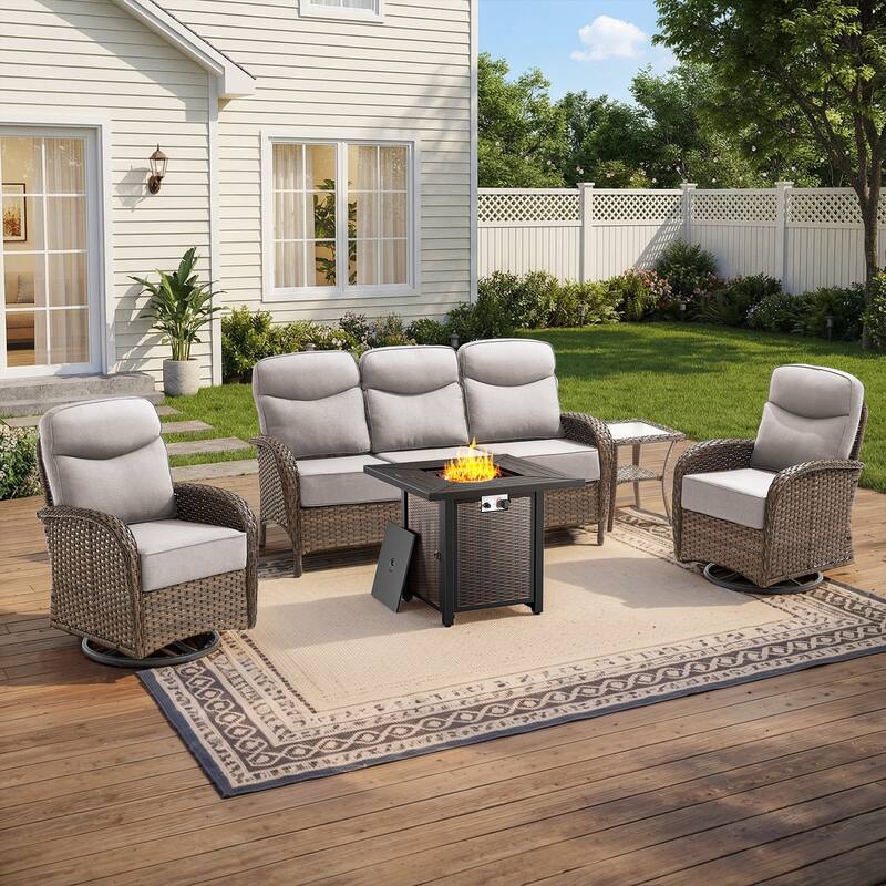 Pocassy Outdoor Sofa Swivel Chair and Ottman with Fire Pit Table - Brown Wicker Beige Cushion - 5PCS Sofa Swivel Chiar w/ Square Fire Table
