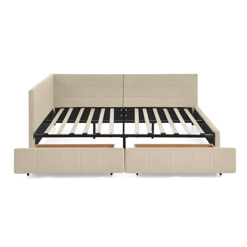 Full Size Daybed Grounded Bed Velvet Upholstered Tufted Bed Frame with L-shaped Backrest & Armrests for Livingroom or Bedroom