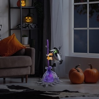 Animated Flying Witch with Broom Halloween Decoration - 25"