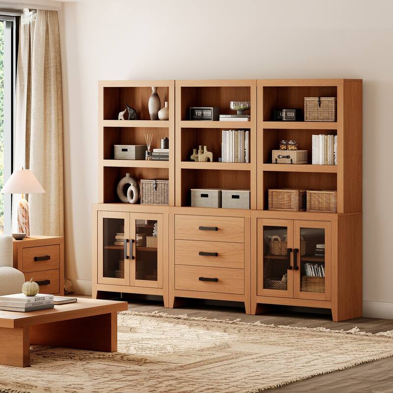 WAMPAT 74" Tall Bookshelf with Glass Doors and Drawers, Farmhouse Bookcase with Adjustable Shelves - Mocha