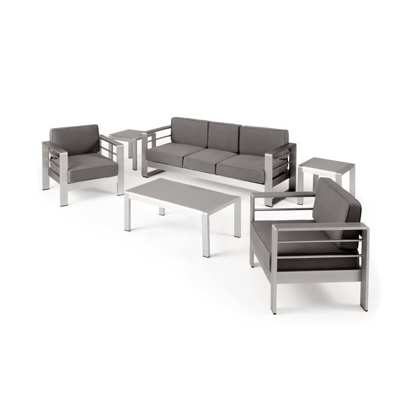 Cape Coral Outdoor 5 Seater Aluminum Sofa Chat Set with 2 Side Tables by Christopher Knight Home - Silver+Khaki