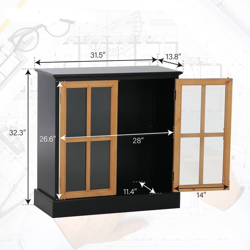 Sideboard Buffet Cabinet, Accent Wood Display Storage Cabinet with Glass Double Doors and Adjustable Shelves