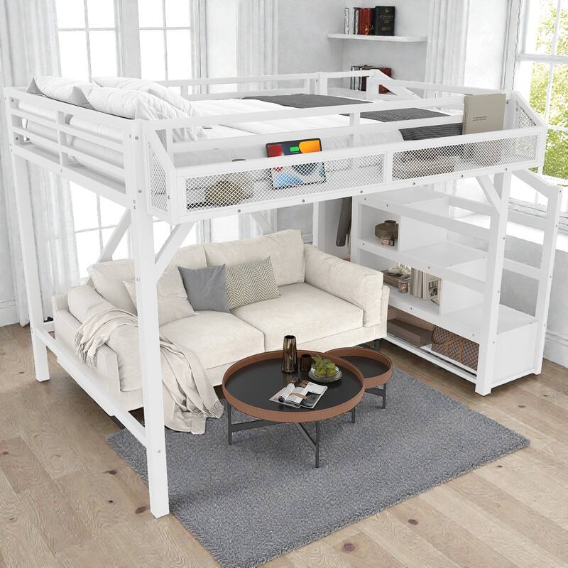 Metal Loft Bed with Storage Stairs, Wardrobe and Shelves, USB Ports and LED Lights, Noise Reduced Frame
