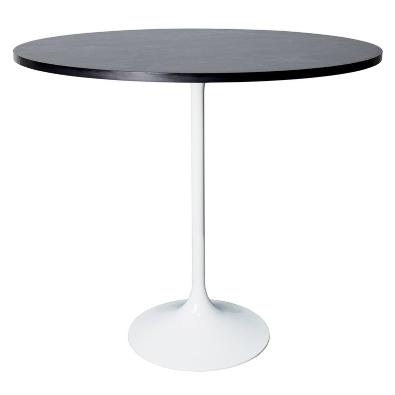 LeisureMod Verve 48" Round Bar Dining Table with Stone TableTop and White Steel Base for Kitchen & Dining Room - Black Marbleized