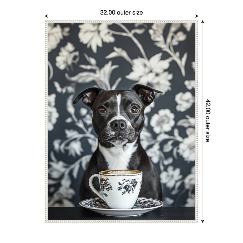 The Latte Loving Staffy by Mowzu Framed Canvas Wall Art - 32 x 42 in