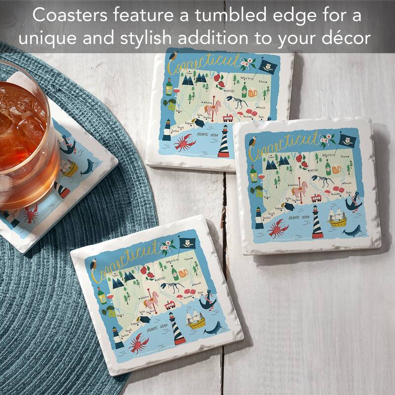 Connecticut Home 4-Pack Absorbent Stone Coasters with Protective Cork Backing 4" Square Made in The USA Easily Wipes Clean