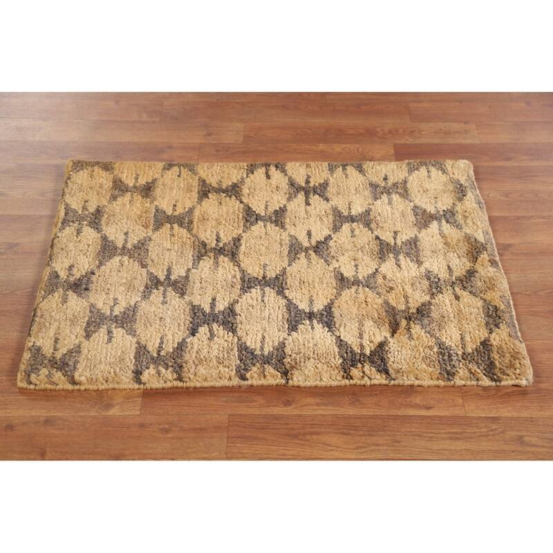 Hand Knotted Oriental Jute Carpet Modern All-Over Yellow & Gold Moroccan Area Rug - 3' 0'' X 2' 0''