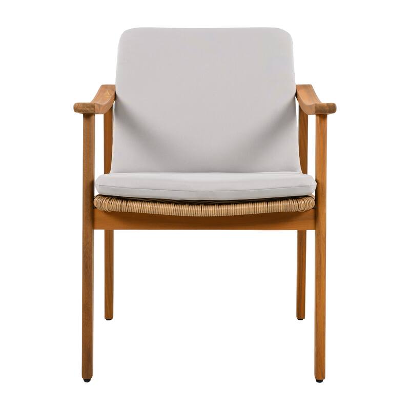 Outdoor Dining Chairs Set of 2, Teak Color Acacia Wood Frame, Brown PE Wicker, Grey Waterproof Cushion