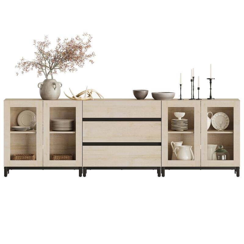 WAMPAT 3 in 1 Modern Sideboard with Glass Doors and 3 Drawers, Coffee Bar Cabinet for Kitchen