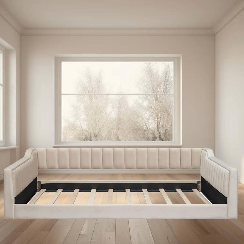 Full XL Size Velvet Upholstered Daybed with Side Storage Pocket, Stylish and Multifunctional Sofa Bed, for Bedroom, Guest Room - Beige - Full