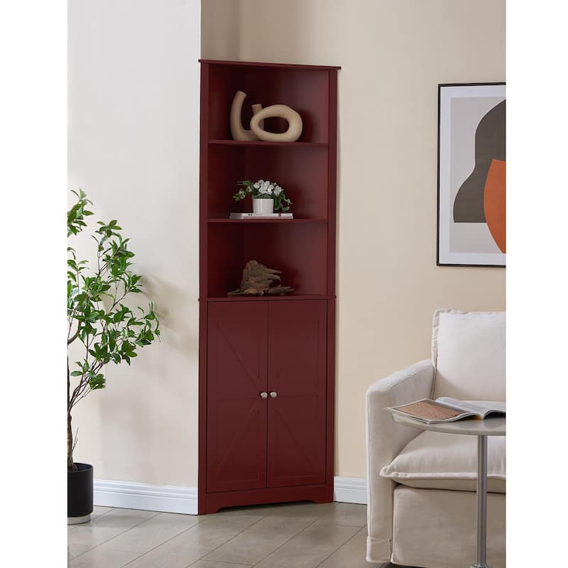 Cecilion Modern Wood Corner Storage Cabinet with 5 Shelves - Red