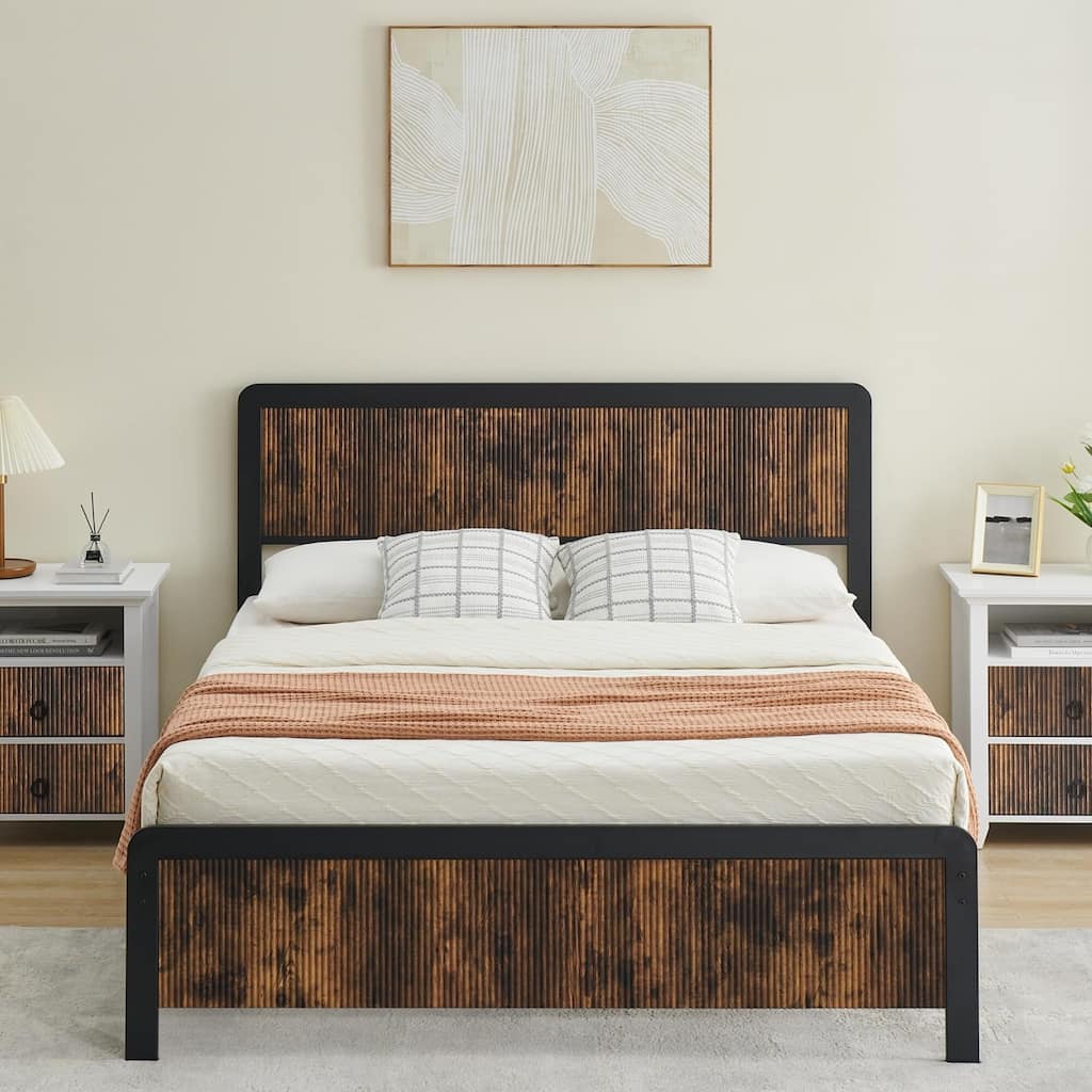 Bed Frame with Wave Wood Headboard