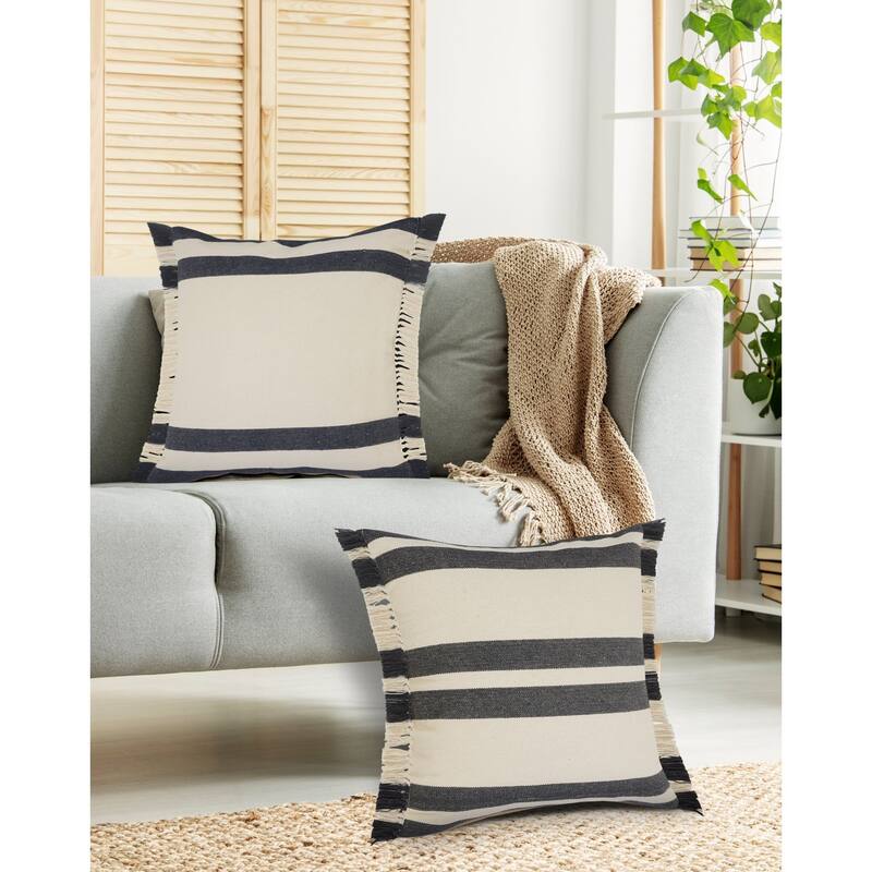 20" Blue and White Double Border Striped Square Throw Pillow