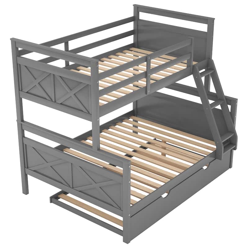 Twin over Full Bunk Bed with Ladder, Twin Size Trundle, Safety Guardrail, White and Grey