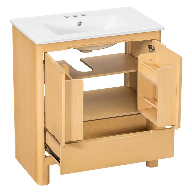 30" Modern Solid Wood Frame Bathroom Vanity Set with Ceramic Sink, Natural Wood Grain Cabinet & Soft-Close Doors