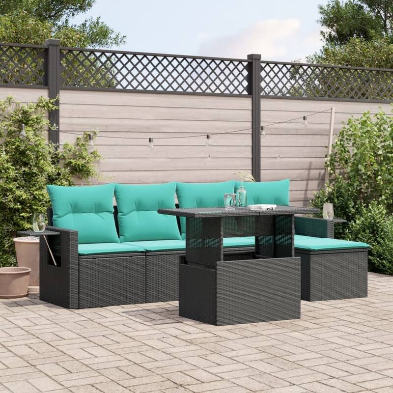 vidaXL Patio Sofa Set with Cushions Table and Couches 6 Piece Poly Rattan - 21.7 x 24.4 x 27.2 - Black without storage