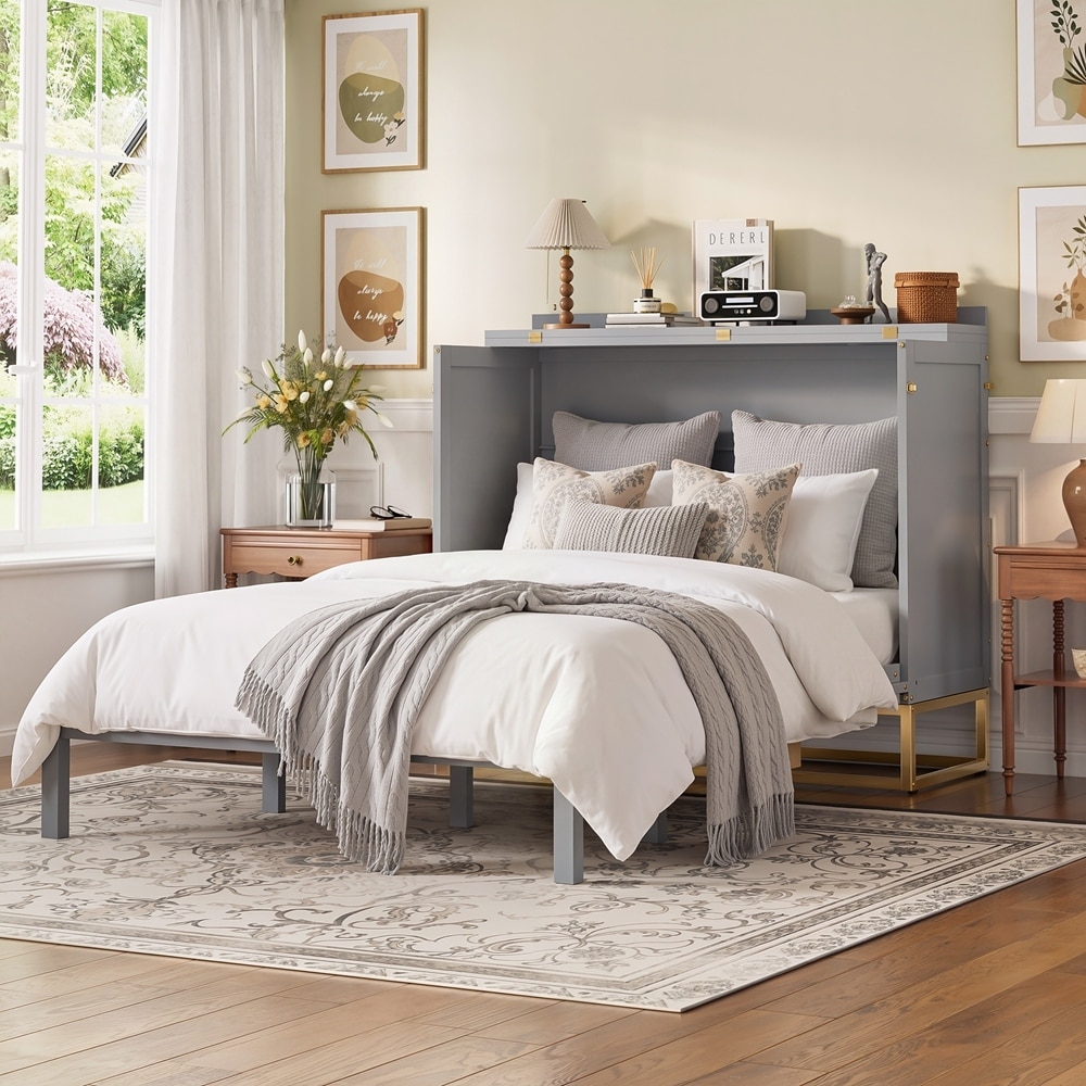Murphy queen bed with Wooden doors design, fake drawers, metal legs