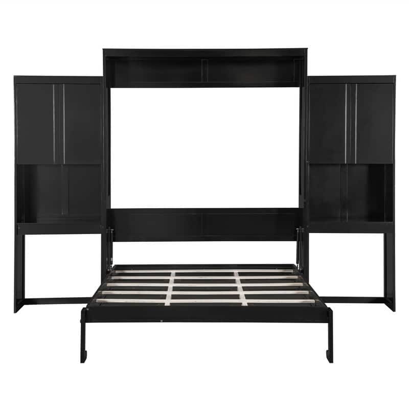 Queen Size Murphy Bed Wall Bed with Desk, Mirror and Vanity, Wooden Foldable Murphy Cabinet Bed with Storage Cabinets